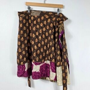 Silk Wrap Skirt Women S-L Brown Magenta Reversible Midi Boho Ethnic